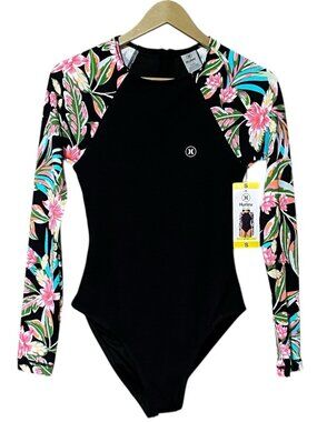 SOLD!!!!! Hurley Black Floral Sleeve One Piece Swimsuit S UPF 50 Back Zip NWT